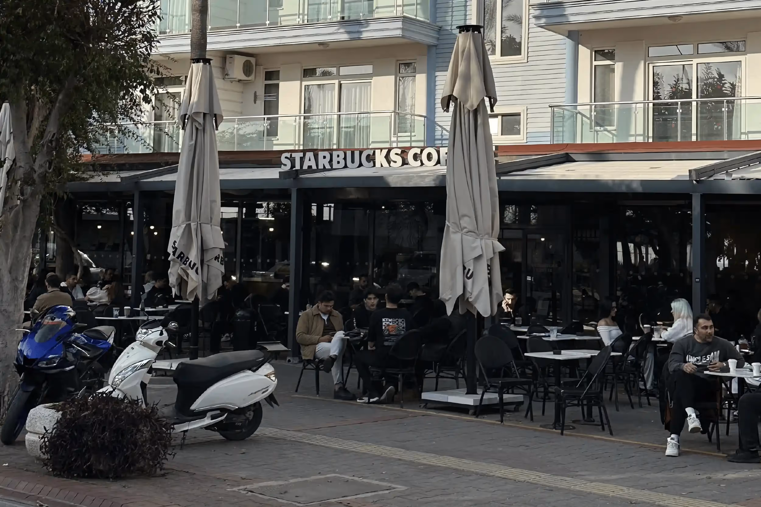 Located near Cleopatra Beach. Just Starbucks